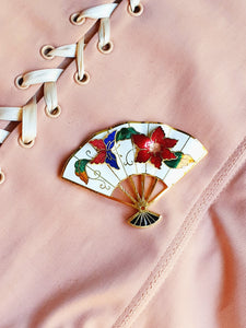 Enameled fan vintage brooch